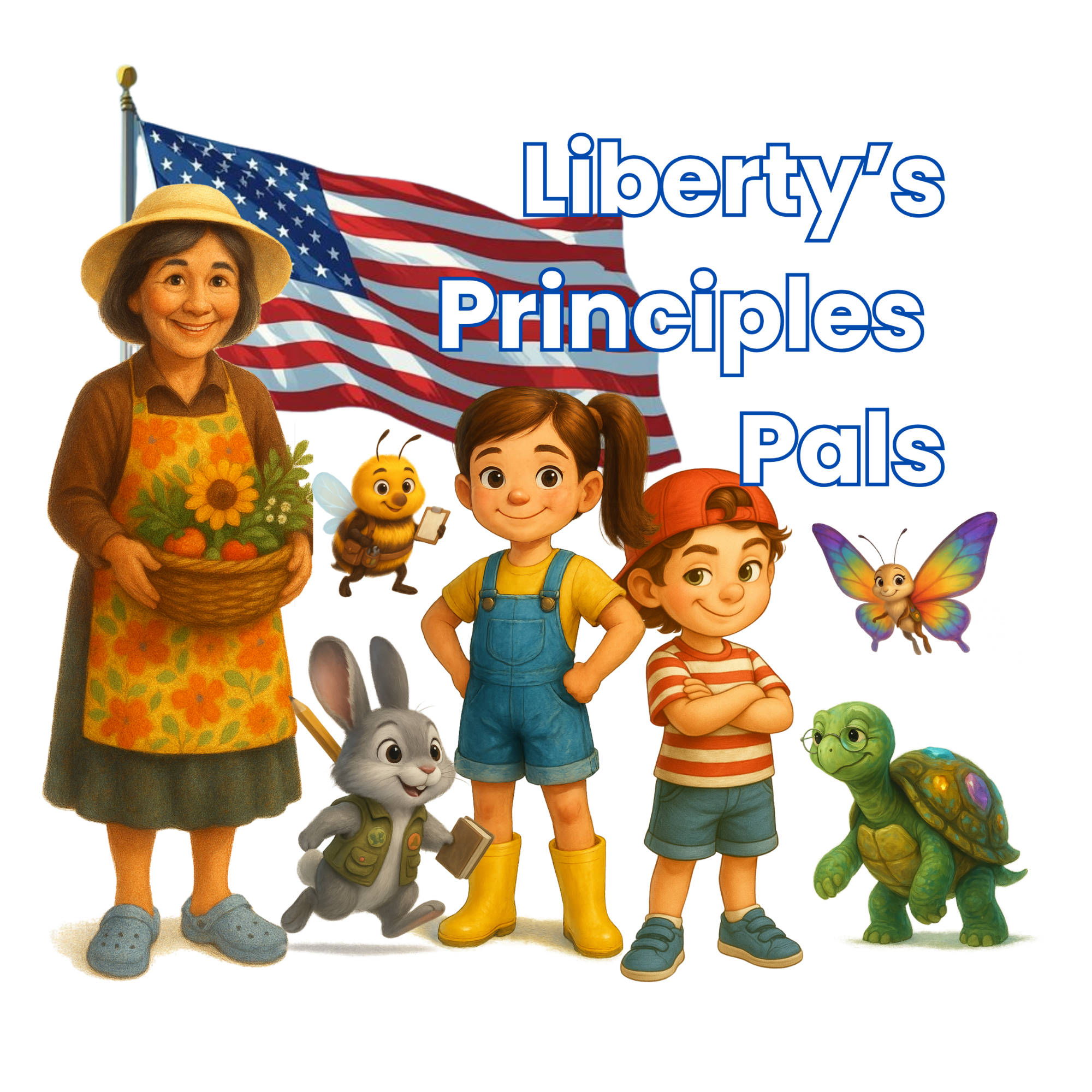 Liberty's Principles Pals characters - Ande, Sam, Grandma Dolores, and their garden friends